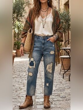 Easel Patchwork Denim Jeans Medium Straight Leg Cropped Boho